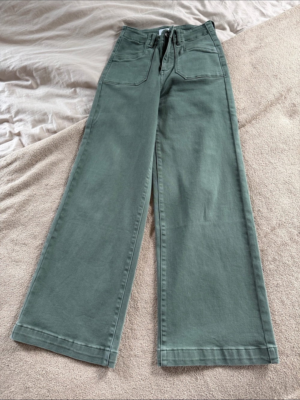 High-Rise Wide Leg Jeans in Dusty Sage Green with Tie Waist